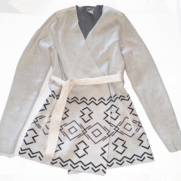 Duluth Cardigan Sweater Women’s Large Belted Geometric Print Wool Blend L - Picture 1 of 6